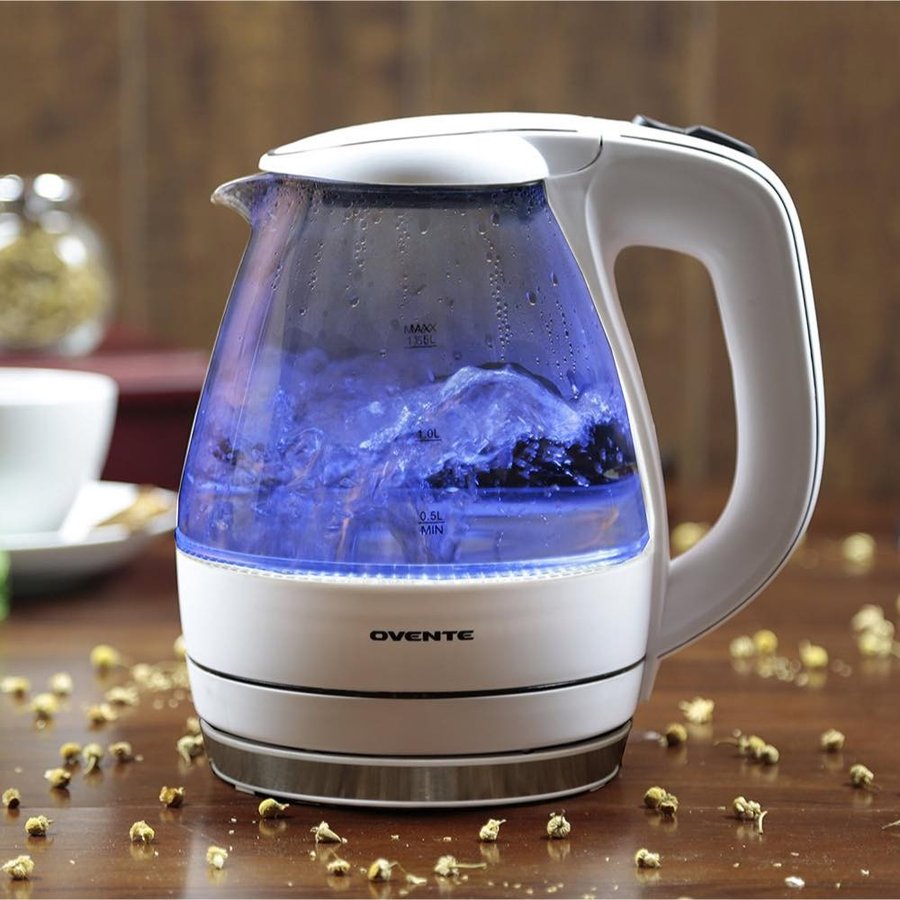 オーブン OVENTE ブルーLED内臓 1.5L ガラス 電気 ケトル エレクトリックケトル 白 アメリカキッチン家電
