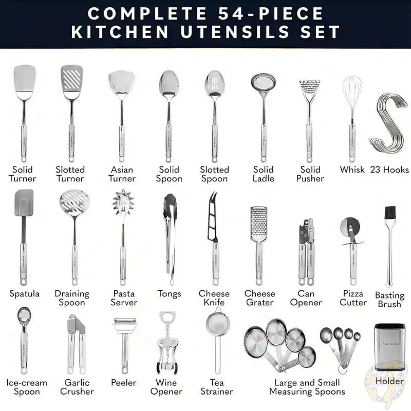 Home Hero キッチンツールセット 54点セット ステンレス シリコン 調理器具 フライ返し おたま トング 泡立て器 計量スプーン 計量カップ スタンド フック付き 一人暮らし 新生活 引越し祝い プレゼント ギフト 高級感 海外限定 並行輸入 送料無料