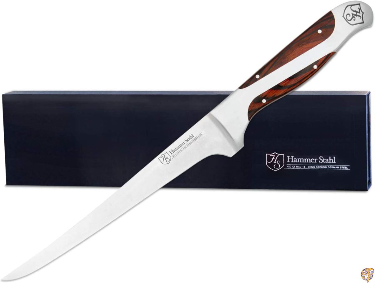 Hammer Stahl 7インチ フィレナイフ ドイツ製高炭素鋼 骨抜き フィレティング トリミング用のカーブした柔軟な刃 人間工学的クアッドタングハンドル