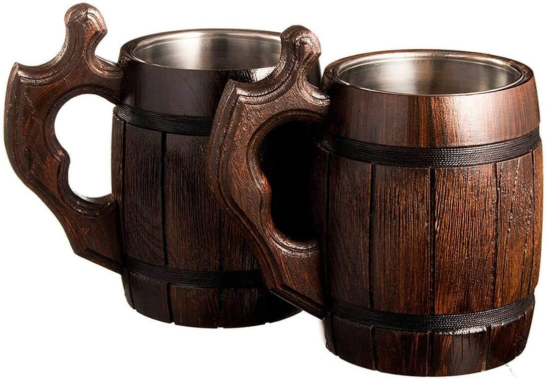 ビールマグ 手作り 木製ビールジョッキ ステンレススチール 中世風 海賊風 Handmade Beer Mug Oak Wood