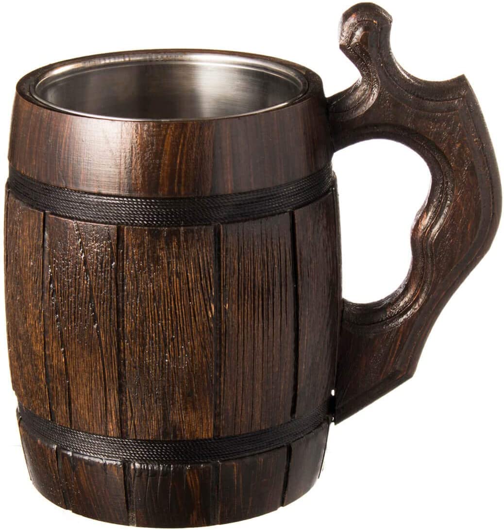 ビールマグ 手作り 木製ビールジョッキ ステンレススチール 中世風 海賊風 Handmade Beer Mug Oak Wood