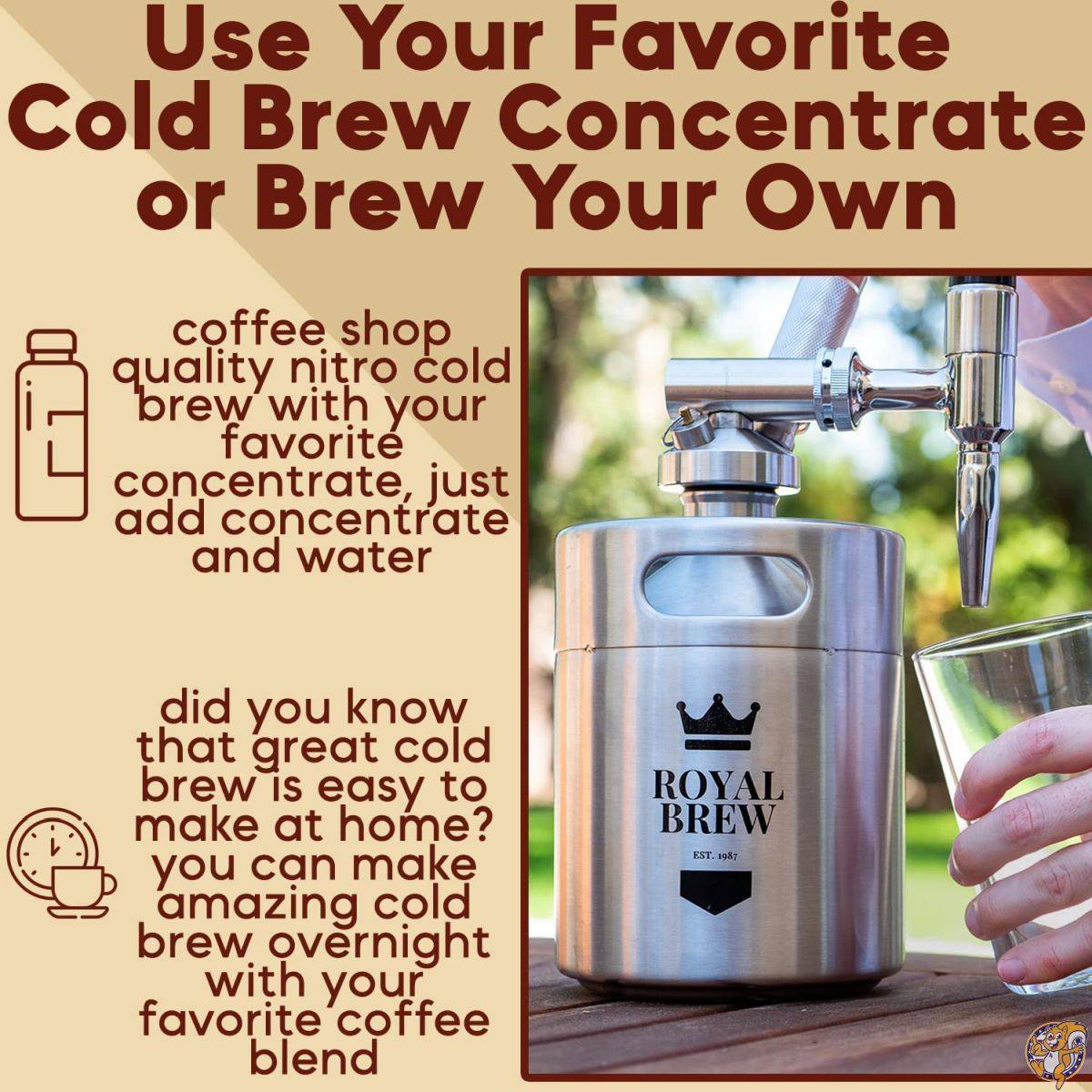 Royal Brew ナイトロコールドブリューコーヒーメーカー 炭酸水メーカー アイスコーヒー ナイトロコーヒー ドラフトコーヒー ニトロコーヒー Nitro Cold Brew Coffee Maker (1900mm, シルバー)