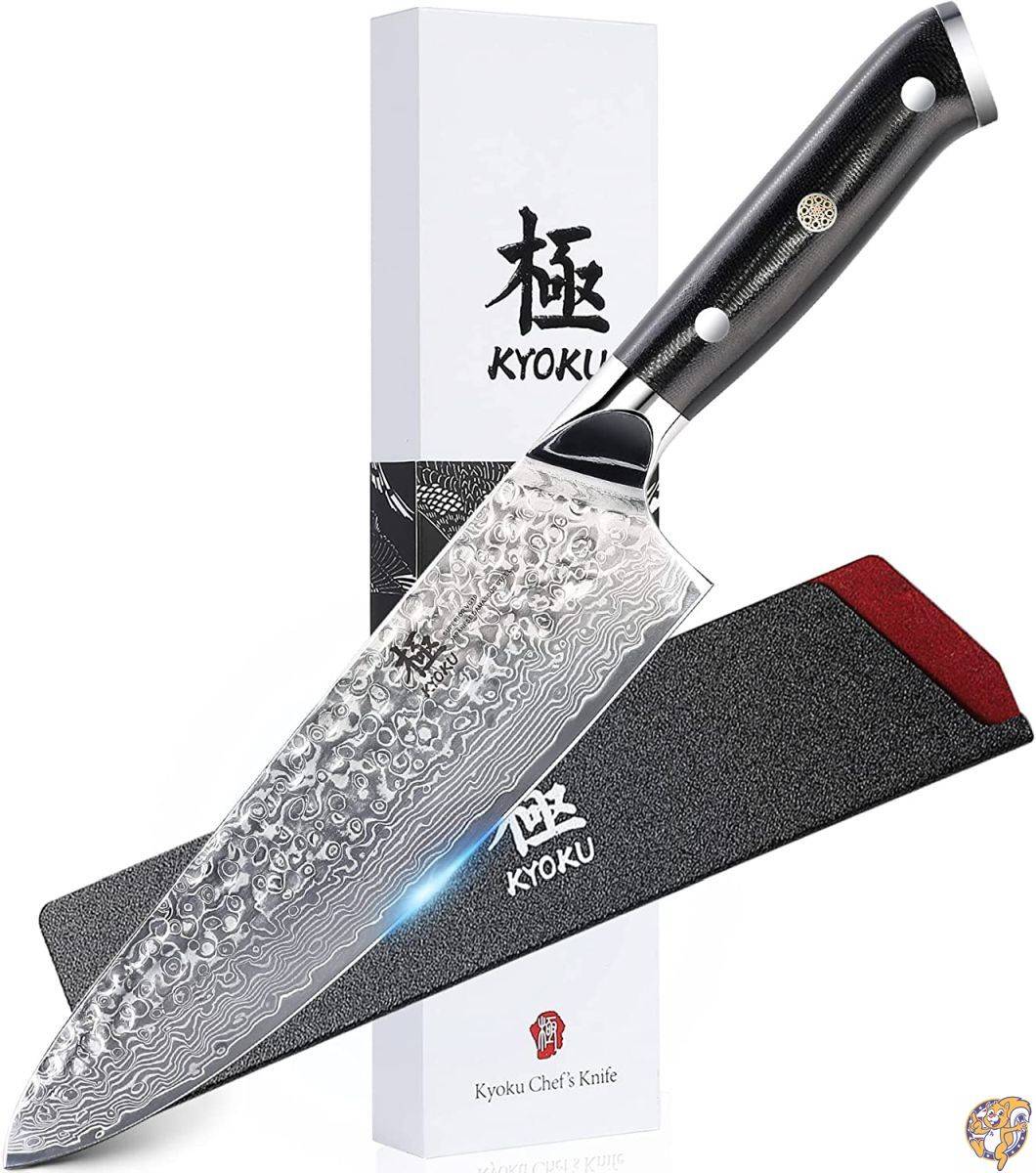 KYOKU シェフナイフ - 8インチ - 日本製VG10 スチールコア ハンマー加工 ダマスカス刃 - 鞘とケース付き