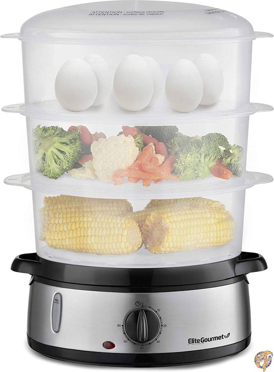 Elite Gourmet Maxi-Matic 電気食品 野菜スチーマー BPAフリー 3段積み重ね可能 入れ子式バスケットトレイ 自動遮断60分タイマー 800W 9.5クォート ステンレススチール