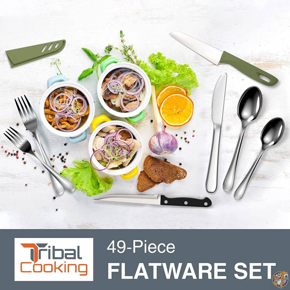 Tribal Cooking 48点シルバーウェアセット - 8人用 - ステンレススチールフラットウェアサービングセット - カトラリーセット - ナイフ フォーク スプーン - 調理器具セット - 食器洗い機対応 - 素晴らしい光沢仕上げ