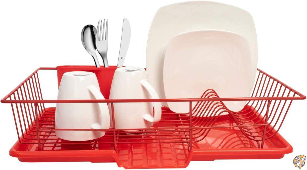 Sweet Home Collection 食器水切りラック3点セット 乾燥ボードと用具ホルダー付き 12インチ x 19インチ x 5インチ レッド