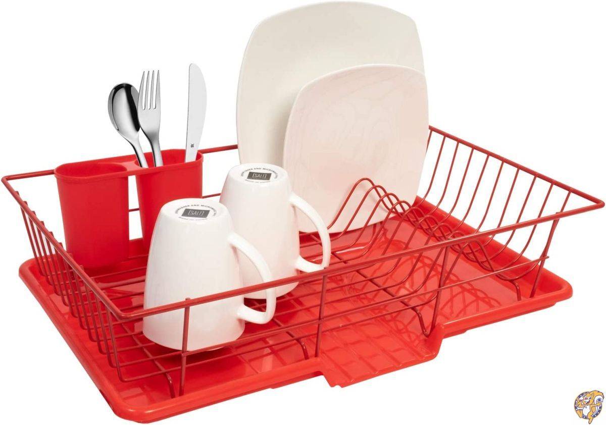 Sweet Home Collection 食器水切りラック3点セット 乾燥ボードと用具ホルダー付き 12インチ x 19インチ x 5インチ レッド