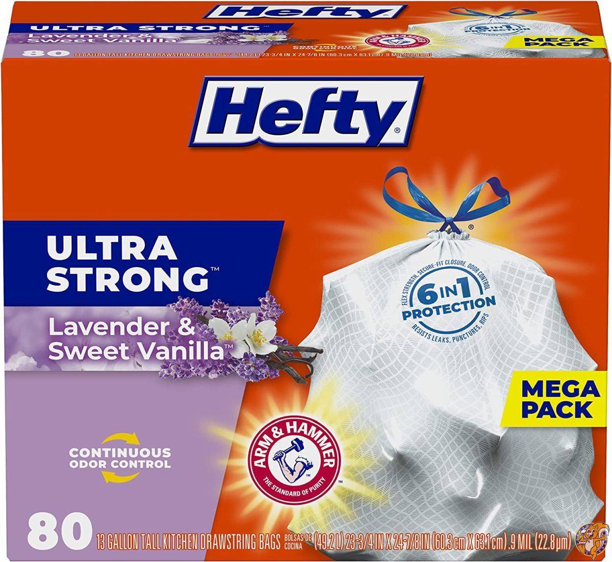 Hefty Ultra Strong Trash Bags (Lavender Sweet Vanilla, Tall Kitchen Drawstring, 13 Gallon, 80 Count) by Hefty