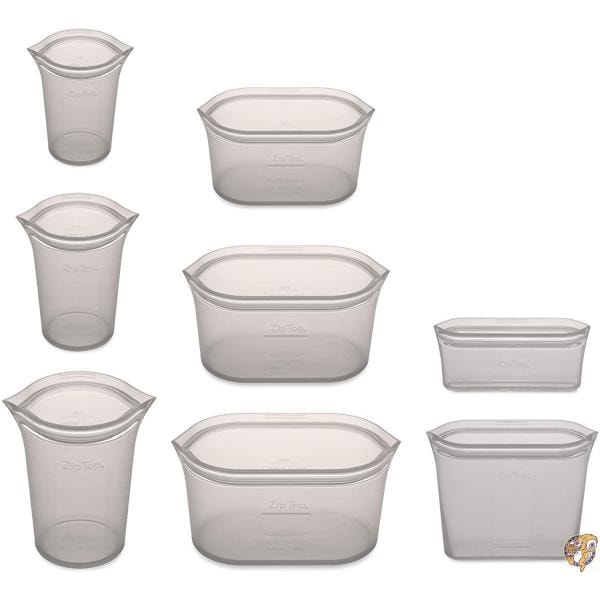 (ジップトップ) Zip Top 再利用可能100%シリコン製食品保存袋・容器 グレー フルセット カップ3個 深皿3個 袋2枚 米国製 送料無料