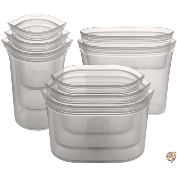(ジップトップ) Zip Top 再利用可能100%シリコン製食品保存袋・容器 グレー フルセット カップ3個 深皿3個 袋2枚 米国製 送料無料