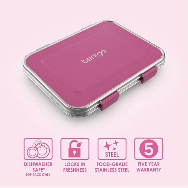 Bentgo(ベントゴー) 子供用 ステンレス 弁当箱 キッズ ランチボックス 3コンパートメント 漏れ防止 フクシア ピンク 学校 お昼ご飯 食洗機対応