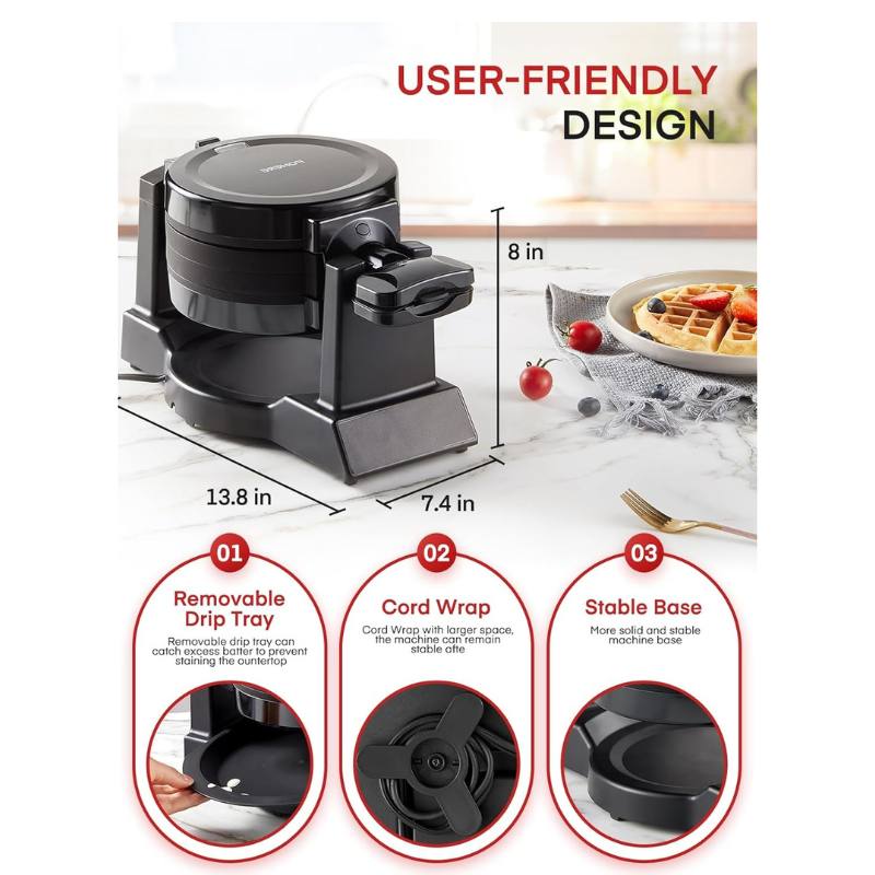 FOHERE ワッフルメーカー ダブル ベルギーワッフル 1400W 180度回転 フリップ式 3分高速調理 8枚焼き ノンスティック 安全設計 ブラック