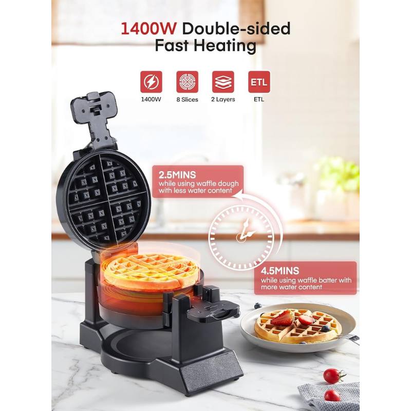 FOHERE ワッフルメーカー ダブル ベルギーワッフル 1400W 180度回転 フリップ式 3分高速調理 8枚焼き ノンスティック 安全設計 ブラック