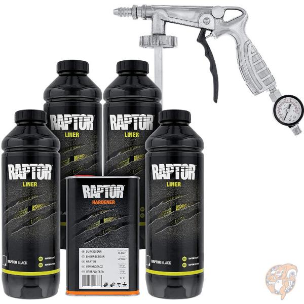 U-Pol Raptor ブラック ウレタン スプレー トラックベッドライナー 4Quart レギュレーター付きスプレーガン 送料無料