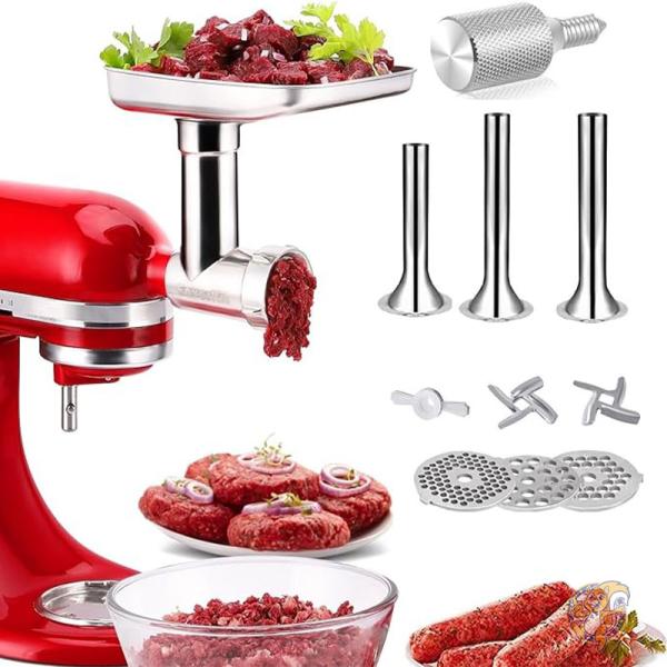 キッチンエイドミキサー用 肉グラインダー 食洗器機対応 ソーセージ詰め物チューブ3本 金属アタッチメントノブネジ1本付きF82207A