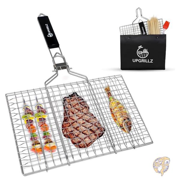BBQ 魚 グリルバスケット 折りたたみ式 ハンドル 竹串50本 しつけブラシ キャリーバッグ付き アウトドア キャンプ upgrillz