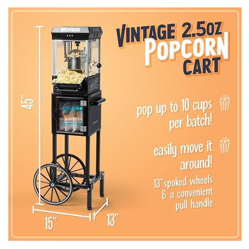 ノスタルジア ポップコーンメーカー ヴィンテージ 風 ポップコーンマシン Nostalgia カート付き ブラック 業務用 最大10カップ 映画館スタイル