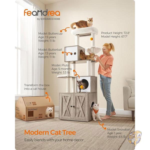 キャットツリー トイレボックス扉付き キャットタワー 爪とぎ 洞窟 バスケット 洗えるクッション付き アメリカ輸入 FEANDREA