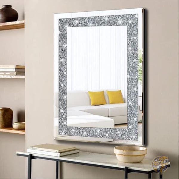 シルバーミラー クリスタルクラッシュ ダイヤモンド 長方形 61x81cm 壁掛け鏡 インテリア QMDECOR