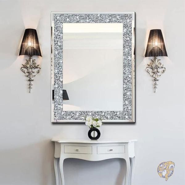 シルバーミラー クリスタルクラッシュ ダイヤモンド 長方形 61x81cm 壁掛け鏡 インテリア QMDECOR