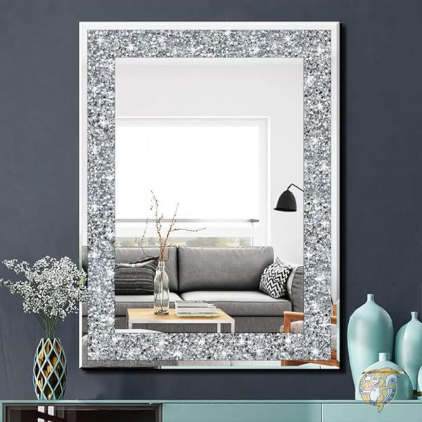 シルバーミラー クリスタルクラッシュ ダイヤモンド 長方形 61x81cm 壁掛け鏡 インテリア QMDECOR