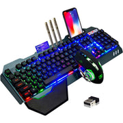 ワイヤレスゲーミングキーボードとマウス レインボーバックライト充電式キーボードマウス 3800mAhバッテリーメタルパネル 取り外し可能なハンドレスト メカニカルフィールキーボード 7色ゲーミングミュートマウス PCゲーマー用