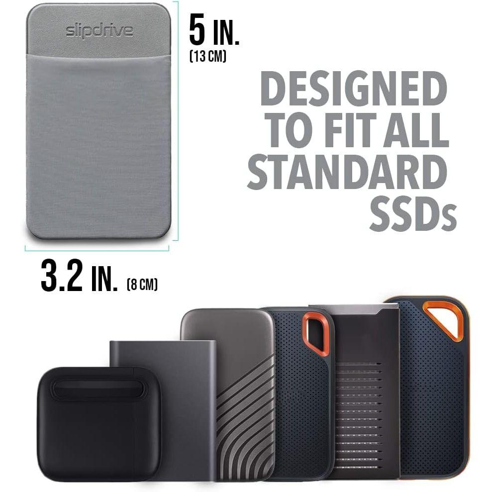 Slipdrive - ポータブルハードドライブスリーブ ノートパソコン用 - SSDソリッドステートドライブ - 再利用可能な粘着性 - 5インチ x 3.2インチ 外付けハードドライブキャリーケース - トラベルポケットポーチ (S、グレー)