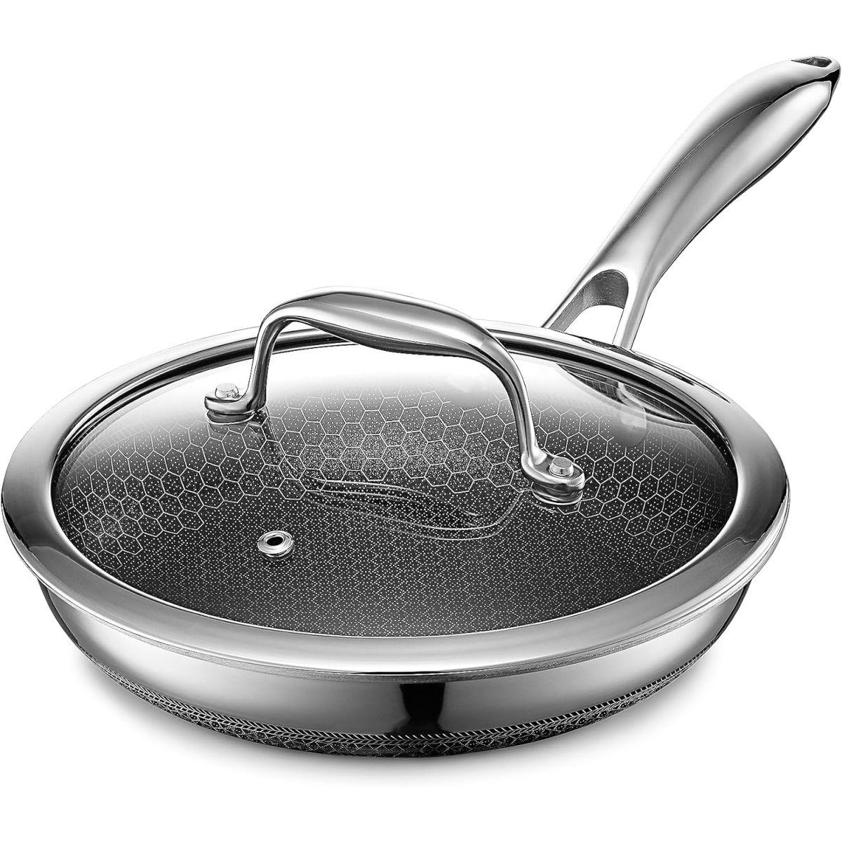 HexClad ハイブリッド ノンスティックフライパン【20cm】 、強化ガラス蓋付き、食洗器OK、オーブン対応、IH対応、すべての加熱調理機器で使用可能