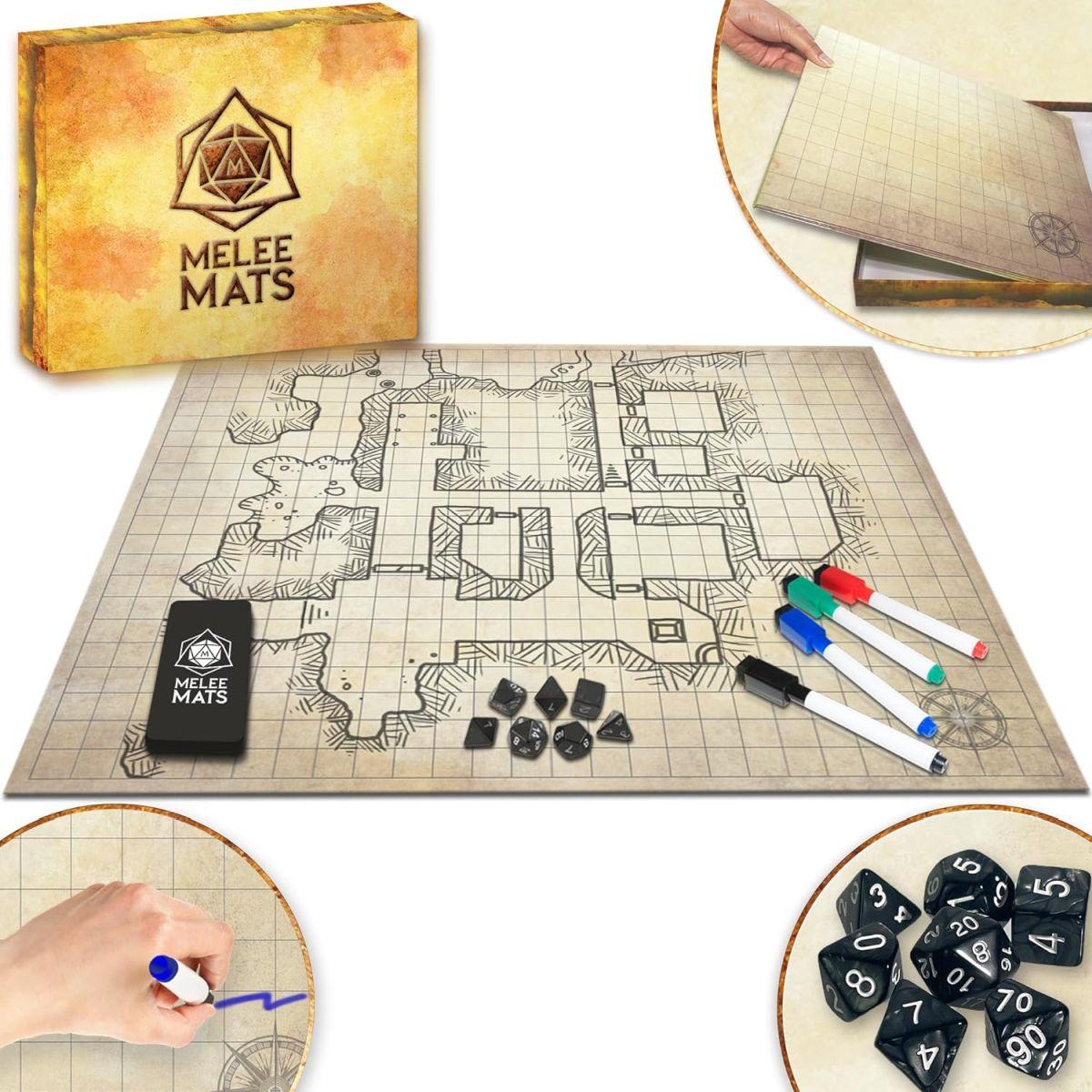 オリジナルバトルグリッドゲームボード - 27インチ×23インチ - ダンジョンズドラゴンズのマット - ホワイトボード&Hex RPGミニチュアマップグリッド - DND第5版テーブルトップダイスセット - ウィザードザコーストスターター&マスター