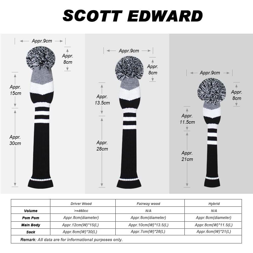 Scott Edward ニットゴルフヘッドカバー 4点セット ハンドメイド ドライバーやフェアウェイウッド用 ロングネックポンポン付き ゴルフクラブヘッドカバーセット