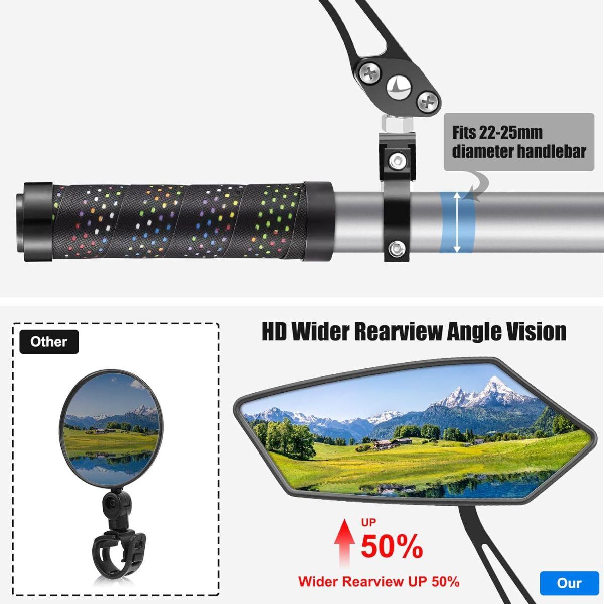 Diyife バイクミラー 2個 [最新バージョン] HD広角大型ハンドルバーバックミラー 耐爆 360°調整可能 自転車リアビューミラーアクセサリー マウンテンバイク スクーター モト用
