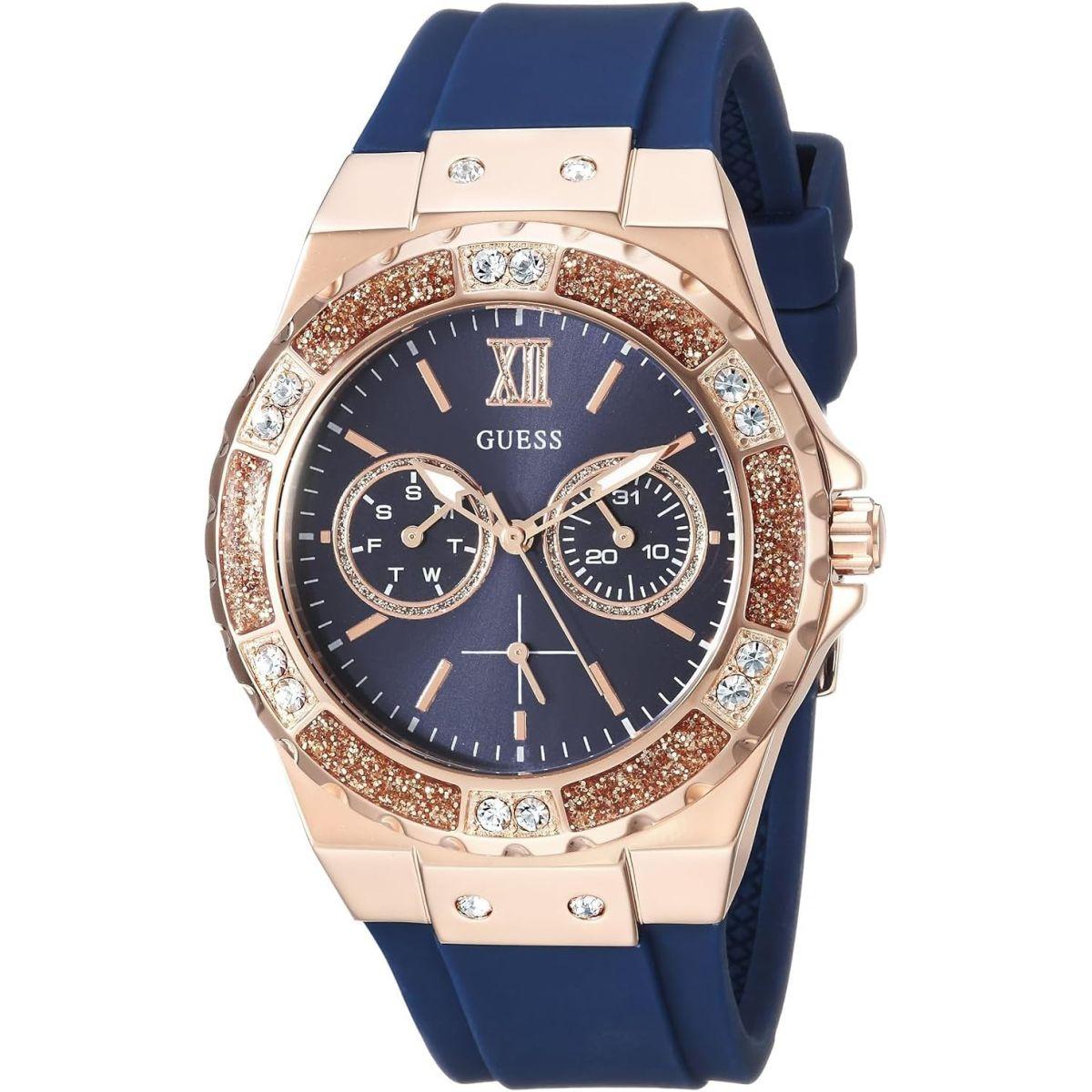GUESS Women's Stainless Steel + Stain Resistant Silicone Watch with Day + Date Functions ステンレススチール