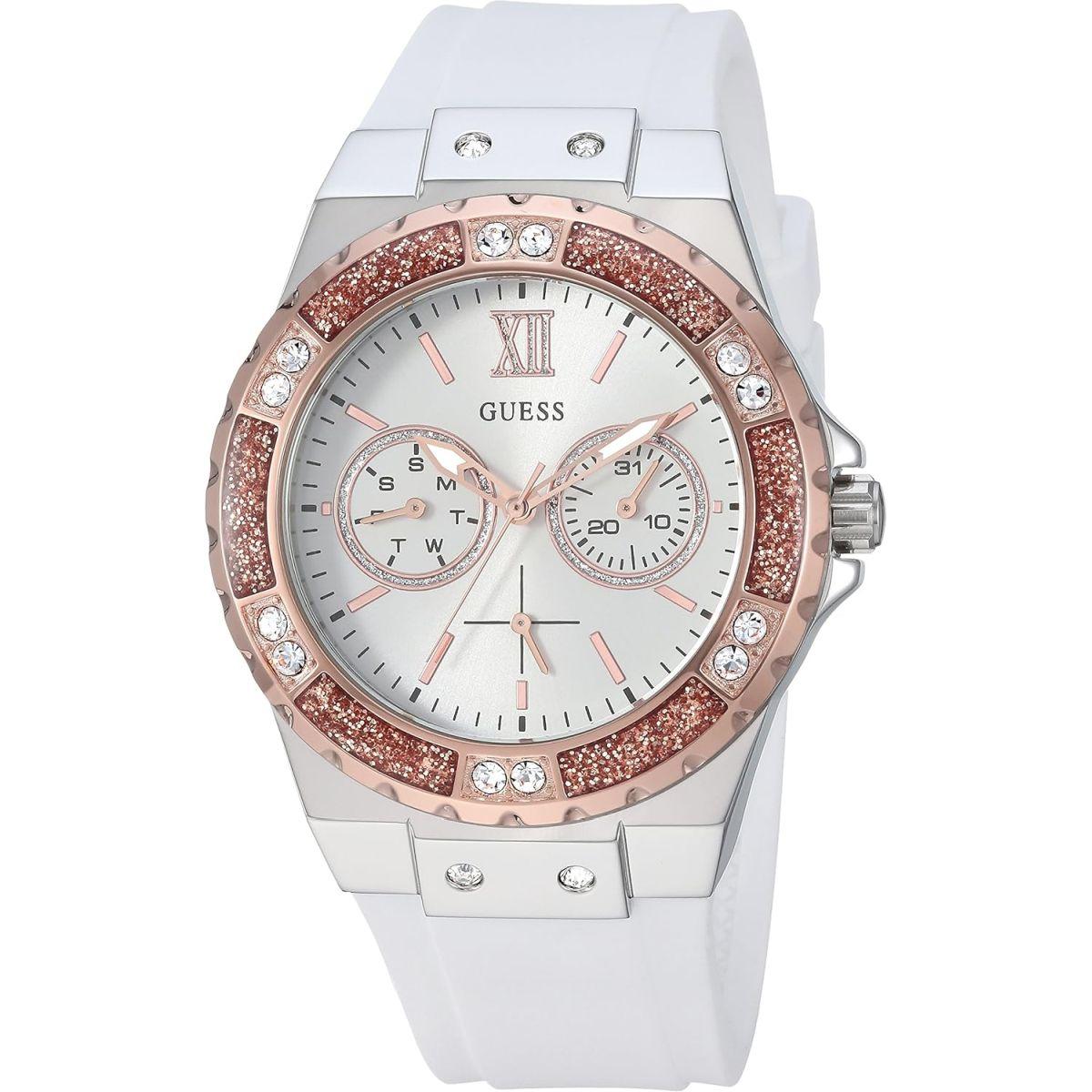 GUESS Women's Stainless Steel + Stain Resistant Silicone Watch with Day + Date Functions ステンレススチール