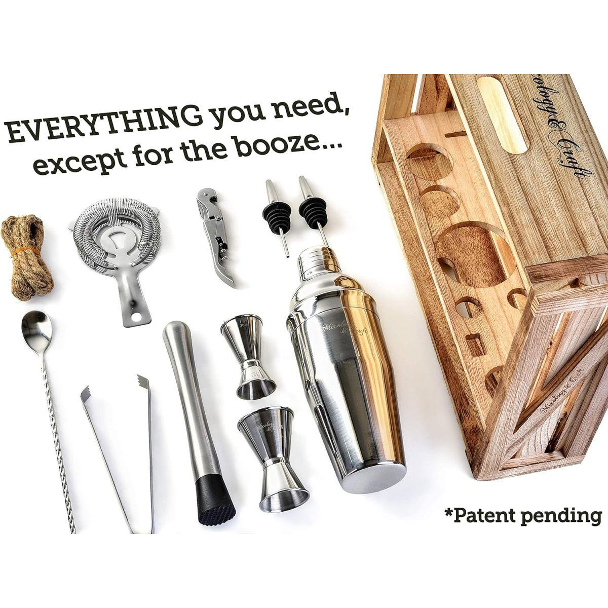 Mixology Bartender Kit: 11-Piece Bar Tool Set with Rustic Wood Stand - Perfect Home Bartending Kit and Cocktail Shaker