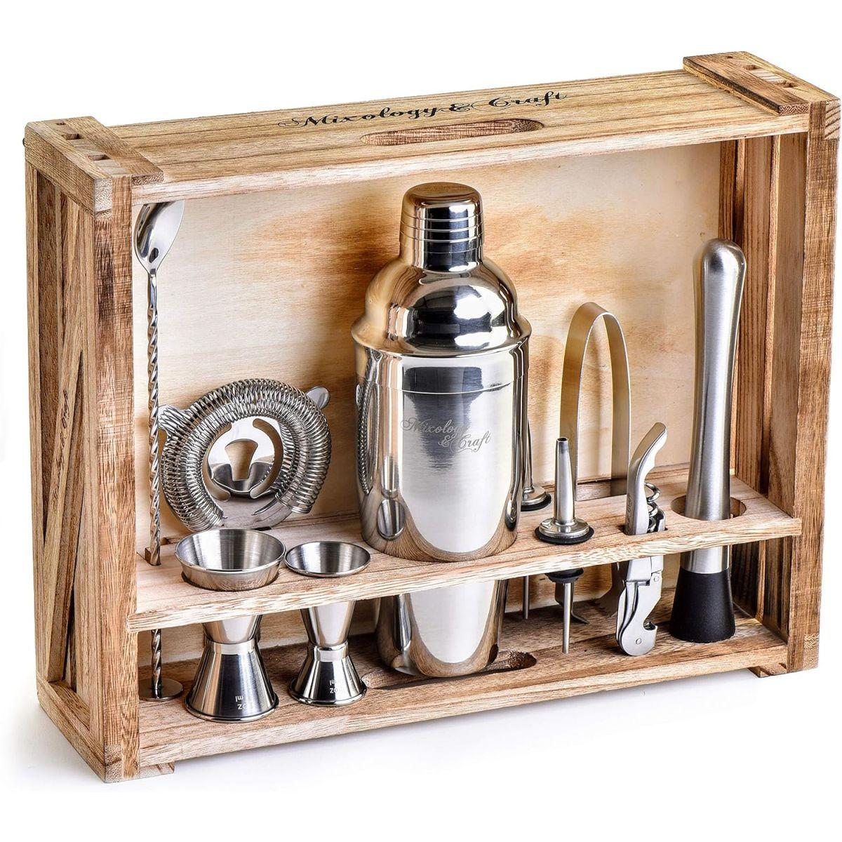 Mixology Bartender Kit: 11-Piece Bar Tool Set with Rustic Wood Stand - Perfect Home Bartending Kit and Cocktail Shaker