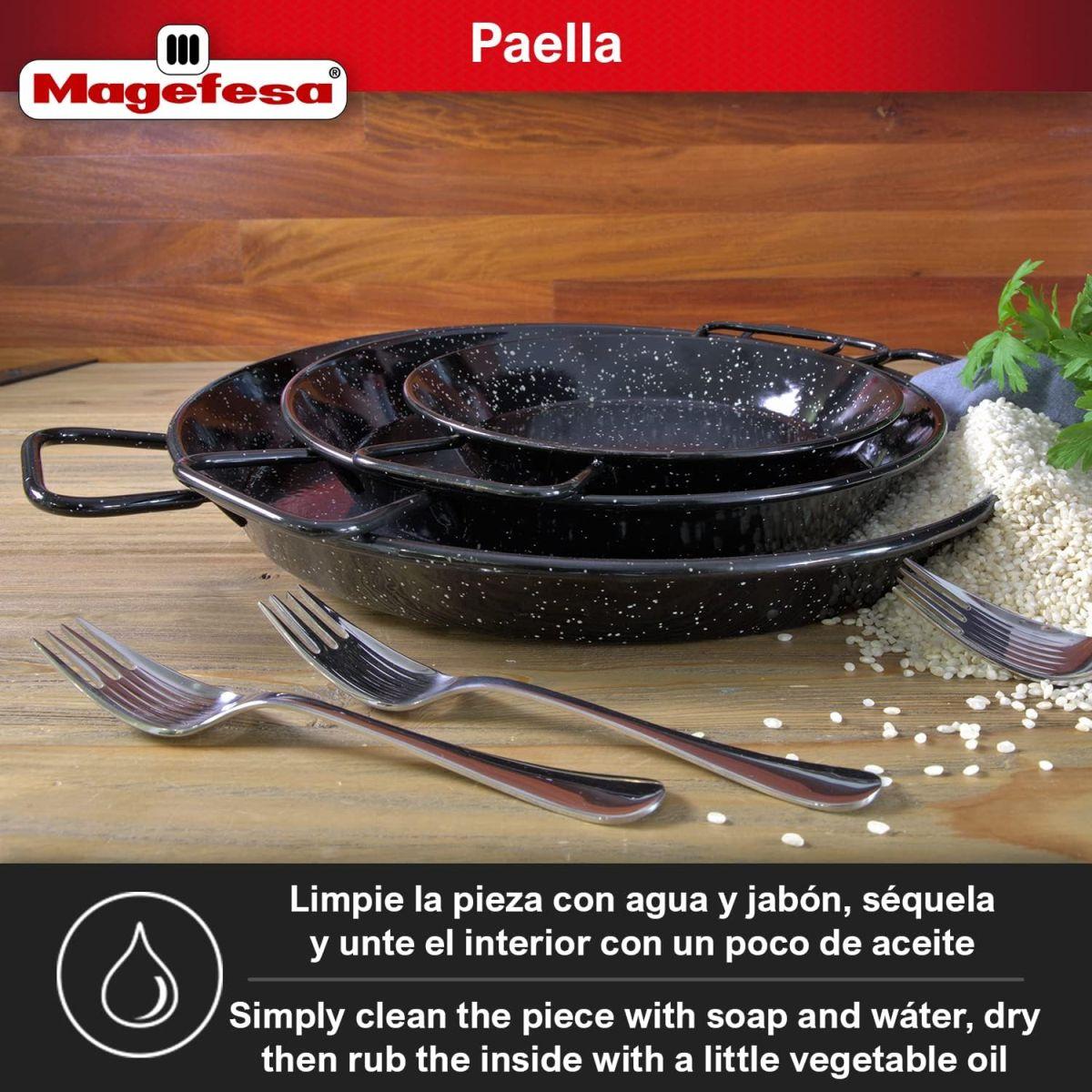 MAGEFESA? エナメル - パエリアパン 17インチ - 42cm 10人分 エナメルスチール製 ディンプル付き 抵抗と軽さ 屋外での調理に最適 バレンシアパエリアを調理する