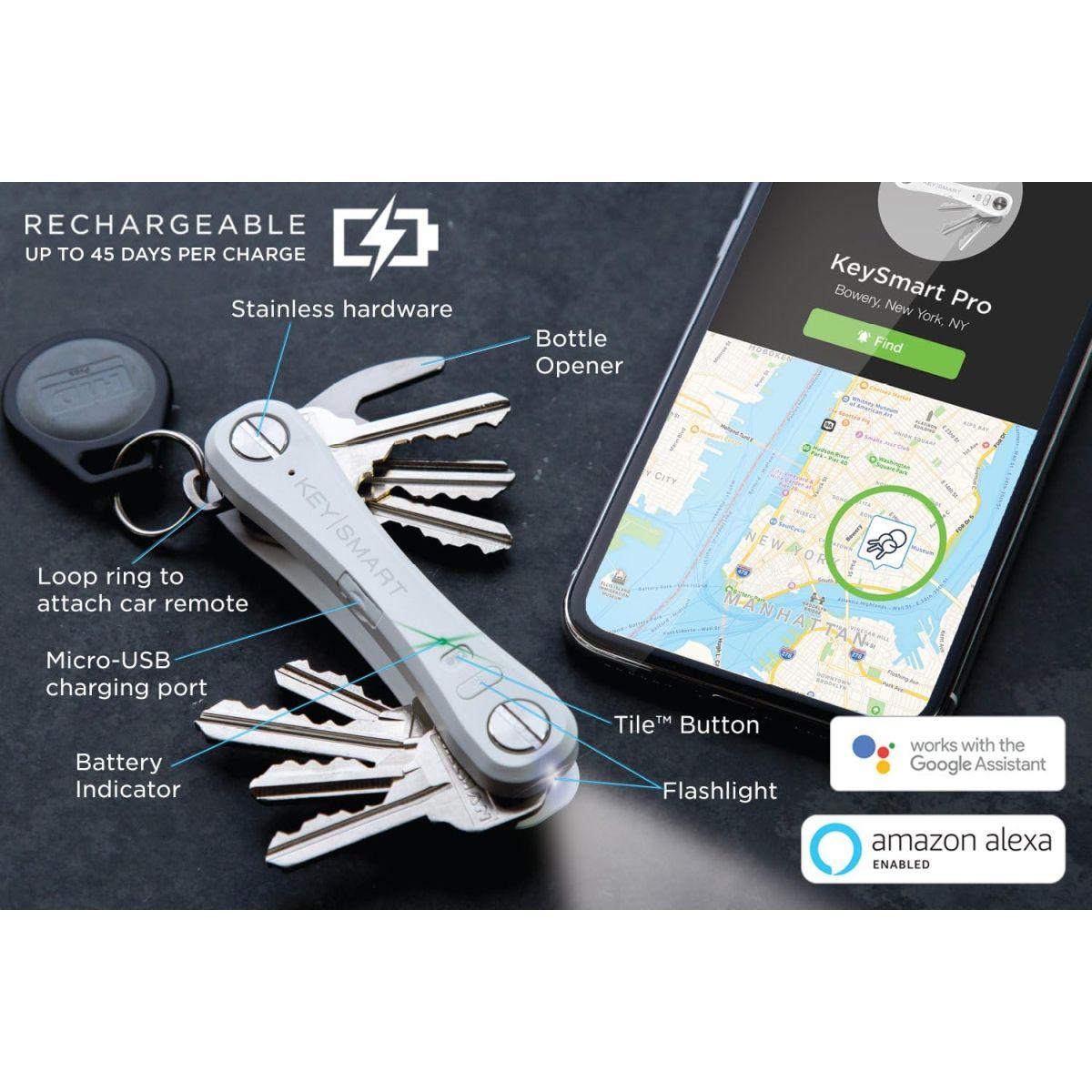 (キースマートプロ) KeySmart Pro コンパクトキーホルダー LEDライトとタイル 失くした鍵と電話をGPSで追跡するスマートテクノロジー 鍵2~10本 ホワイト