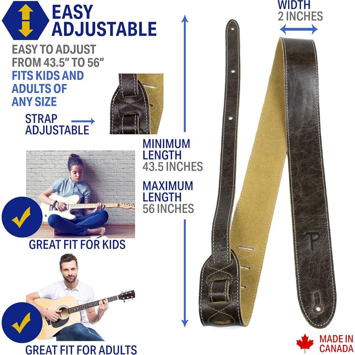 Perri’s Leathers Ltd. - ギターストラップ - 調節可能 - アコースティック/ベース/エレクトリックギター用 - カナダ製 (BM2-6697) - イタリア製レザー- ビンテージ ? ブラウン