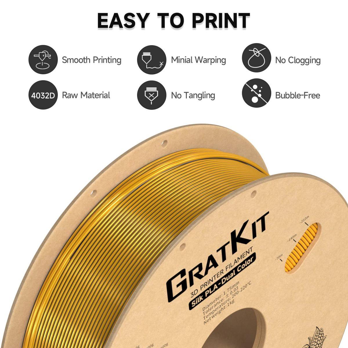 Gratkit シルクデュアルカラーPLAフィラメント 共押出PLAフィラメント 1.75mm -0.03mm 1kg/ロール シルクPLAブラック&ゴールド