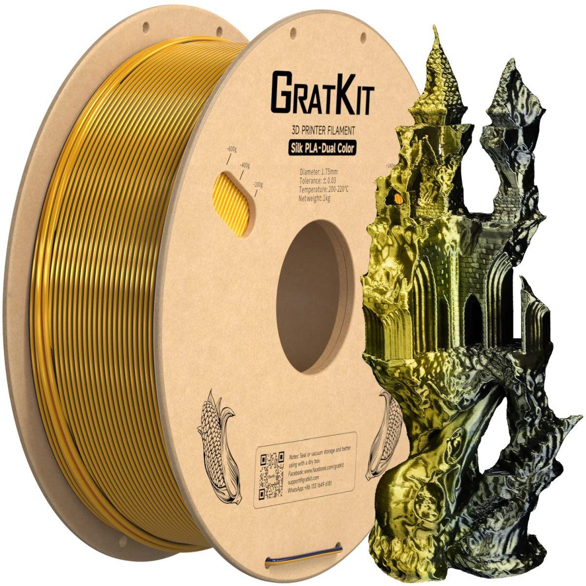 Gratkit シルクデュアルカラーPLAフィラメント 共押出PLAフィラメント 1.75mm -0.03mm 1kg/ロール シルクPLAブラック&ゴールド