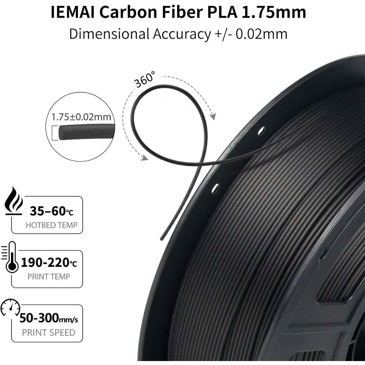 3D PLAカーボンファイバープリンターフィラメント 1.75mm +/- 0.02mm 寸法精度3Dプリンターフィラメント 1KG スプールフィラメント ほとんどの3Dプリンターに対応