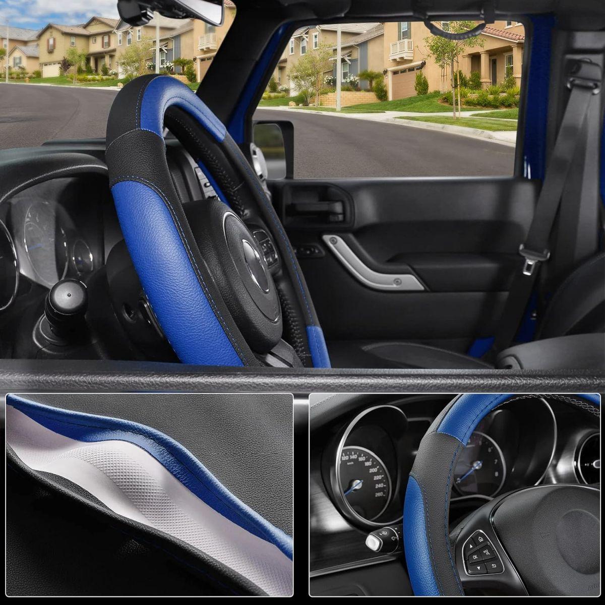 SEG?Direct?ハンドルカバー?自動車用ステアリングカバー マイクロファイバー革 Lサイズ 外径39.5-40.5cm ブラック/ブルー