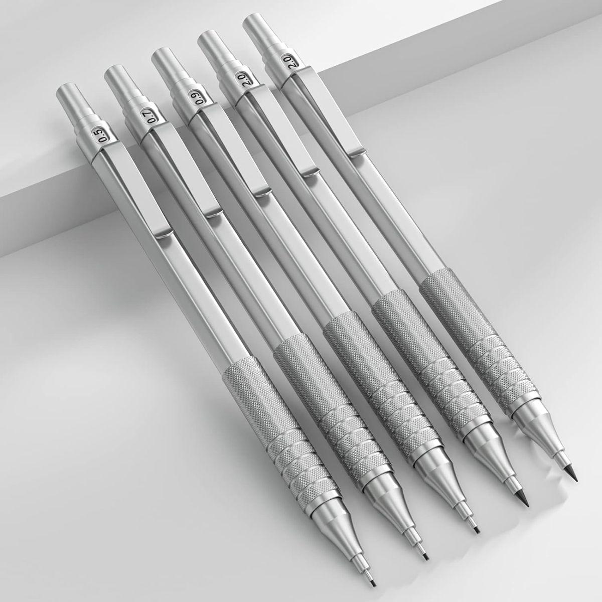 Nicpro シャーペンセットメタル製|筆箱付、シャープペンシル製図鉛筆 0.5、0.7、0.9 mm & 2 mm グラファイト芯ホルダー (4B 2B HB 2H) 2本 描画、書き込み、スケッチ用、チューブ芯リフィル消しゴム 10個付き