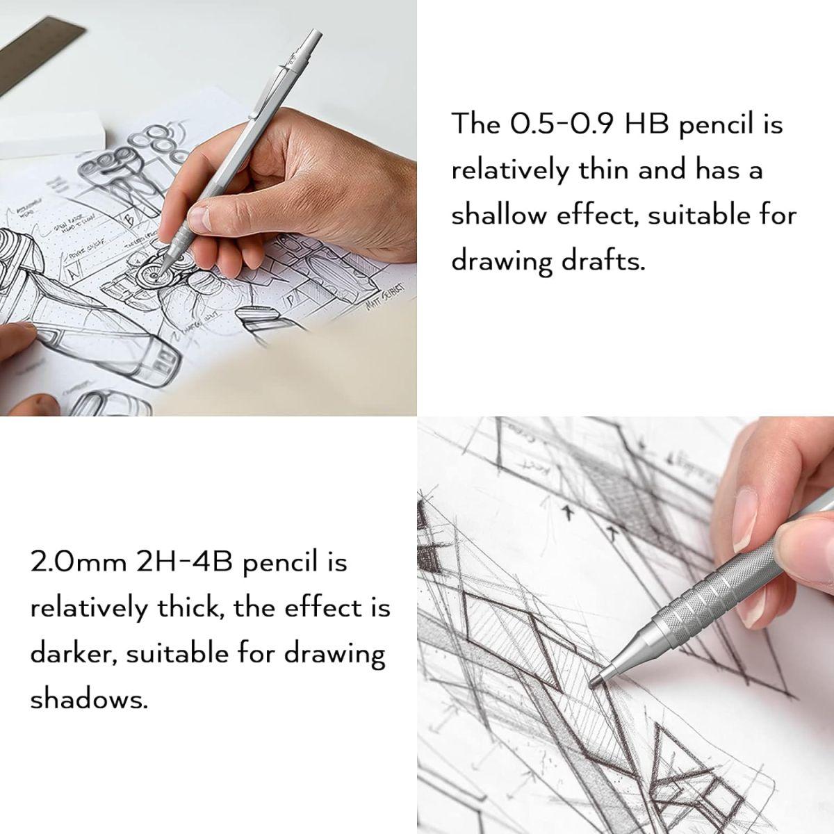 Nicpro シャーペンセットメタル製|筆箱付、シャープペンシル製図鉛筆 0.5、0.7、0.9 mm & 2 mm グラファイト芯ホルダー (4B 2B HB 2H) 2本 描画、書き込み、スケッチ用、チューブ芯リフィル消しゴム 10個付き