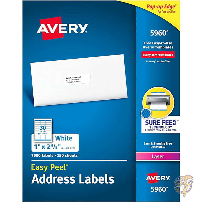 エイブリー Avery 住所ラベル イージーピール 印刷ラベル 2.5" x 6cm" ホワイト 7,500枚 郵送ラベル