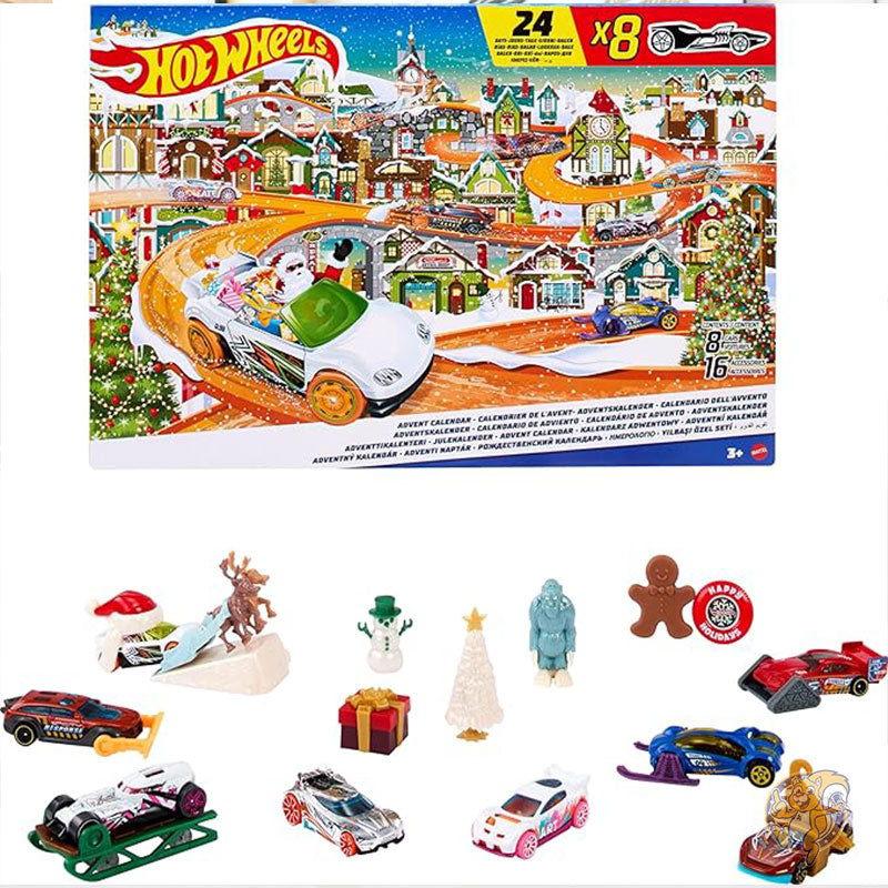 ホットウィール Hot Wheels おもちゃの車セット クリスマス 2023 アドベントカレンダー 1:64 スケールの車両 8 台 アクセサリー 16 個 子供とコレクター向けのプレイマット付き