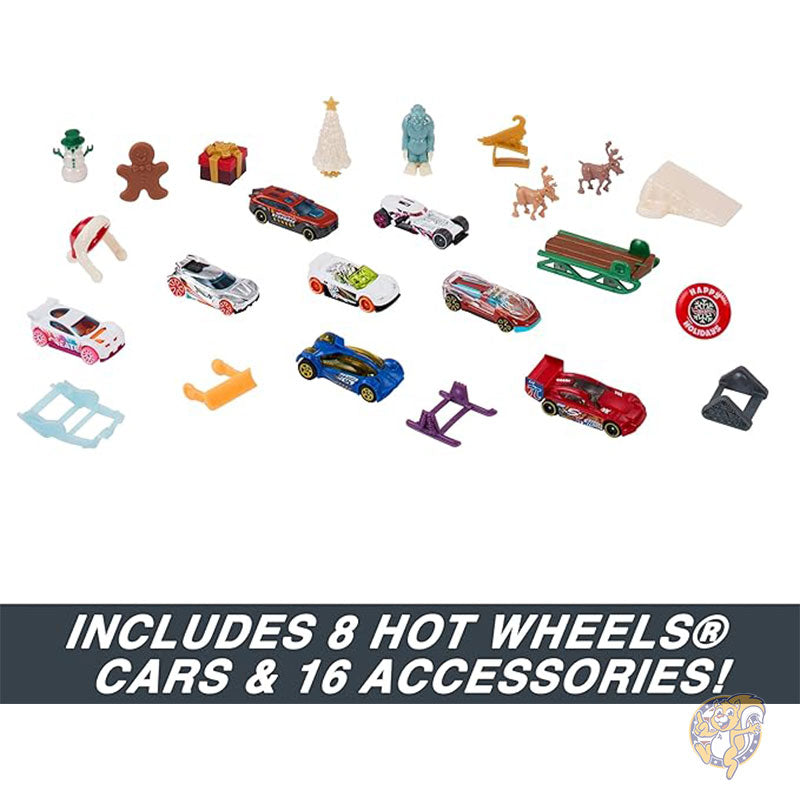 ホットウィール Hot Wheels おもちゃの車セット クリスマス 2023 アドベントカレンダー 1:64 スケールの車両 8 台 アクセサリー 16 個 子供とコレクター向けのプレイマット付き