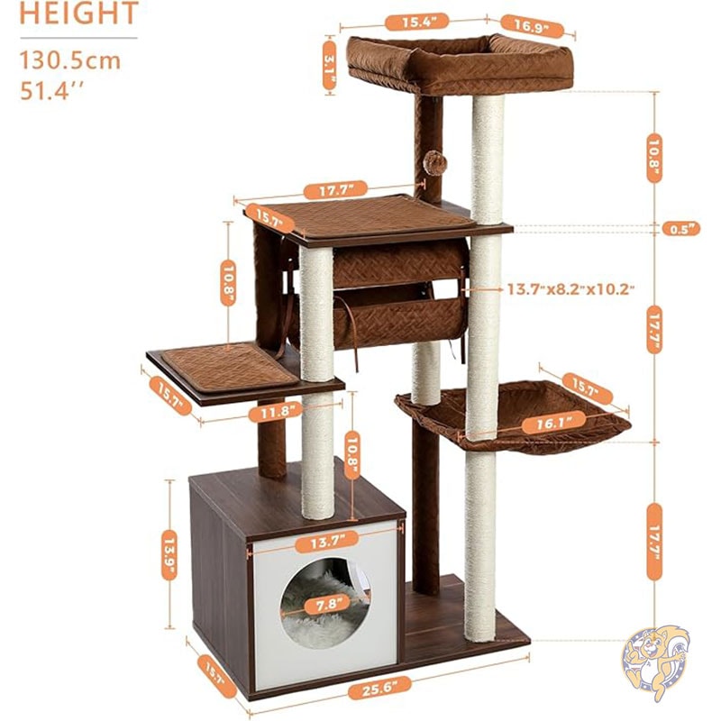 キャットタワー 130cm キャットツリー プレミアム 6段 木製 サイザル麻で覆われた爪とぎポスト コンドミニアム 超大型ハンモック PEQULTI