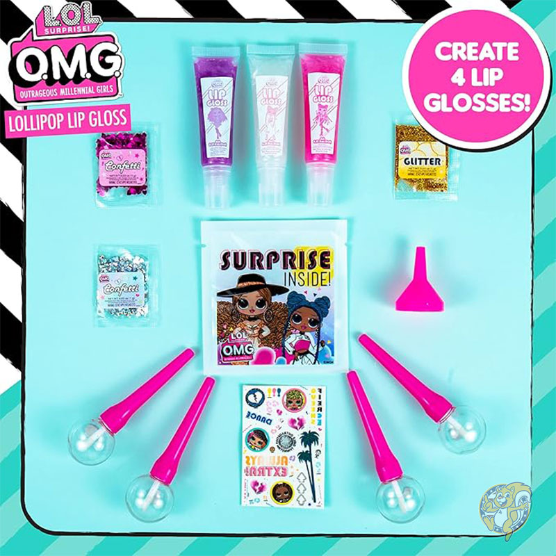 LOL サプライズ L.O.L. Surprise! Horizo​​n Group USA OMG ロリポップ リップグロス 4個セット リップグロス容器 4 個、楽しいフレーバー 3 種類 紙吹雪 サプライズ タトゥー付き おもちゃ