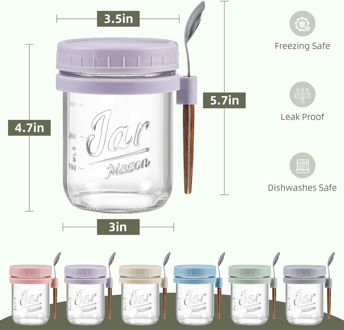 オーバーナイトオーツ 容器 6個セット 16oz LANDNEOO 蓋付きガラスジャー スプーン付き 密閉保存 耐熱 食洗機対応